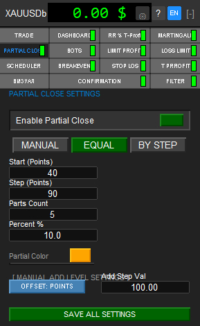 Вкладка PARTIAL CLOSE советника TradeAiBotPRO — частичное закрытие сделок