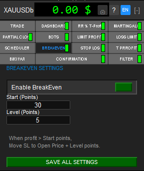 Вкладка BREAKEVEN советника TradeAiBotPRO — перевод сделки в безубыток
